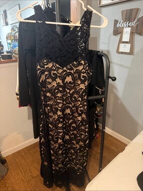 Wishful Park Black Lace Midi Dress with Nude Lining